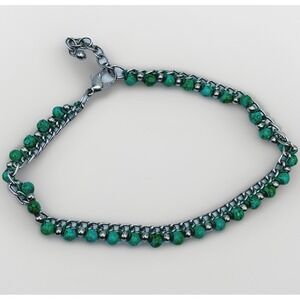 Y2K Turquoise Bead Bracelet Silver Tone Chain Boho Western Jewelry Adjustable
